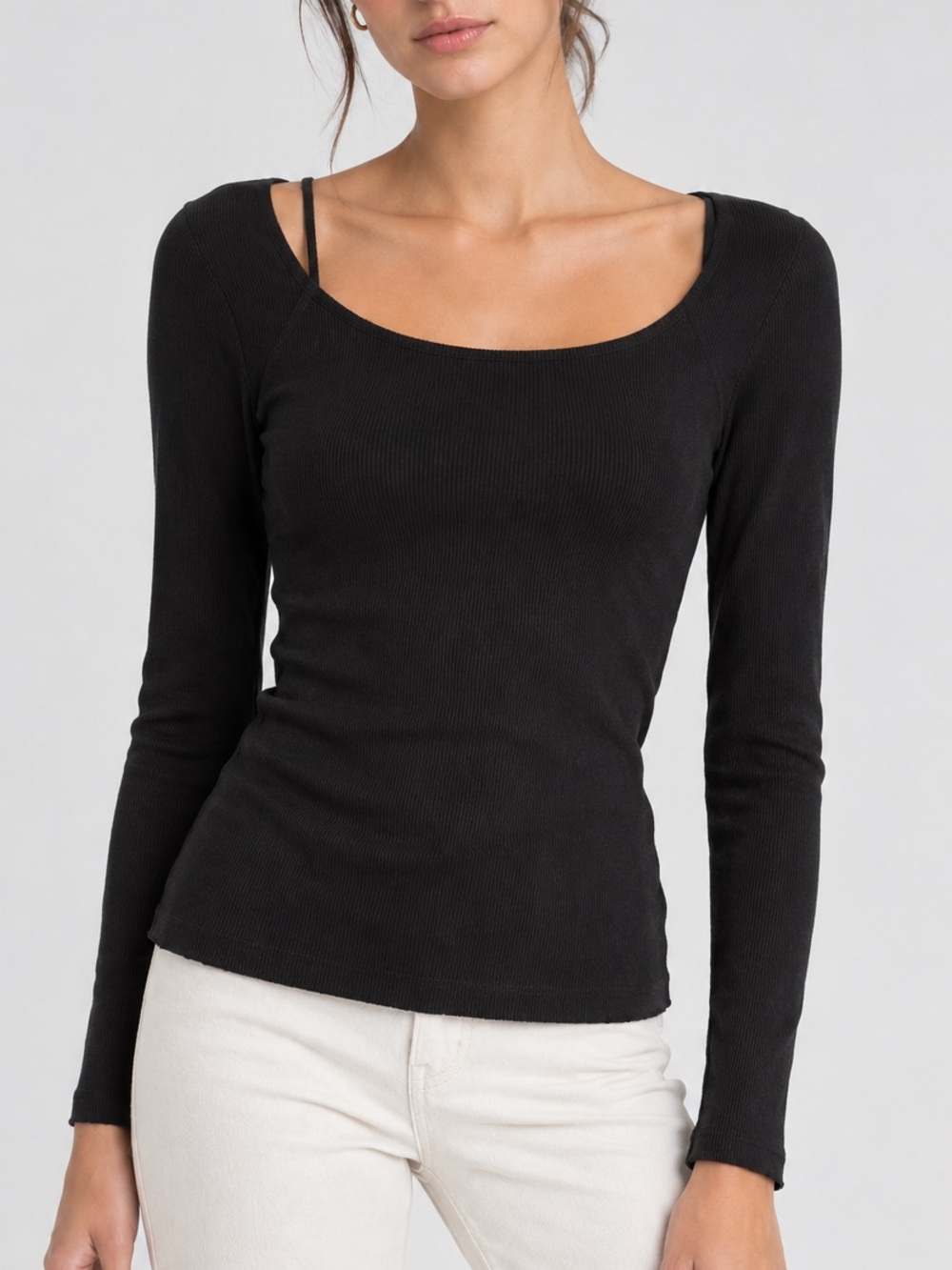 Theory Black Ribbed Scoop Neck Long Sleeve Top with Strap Detail